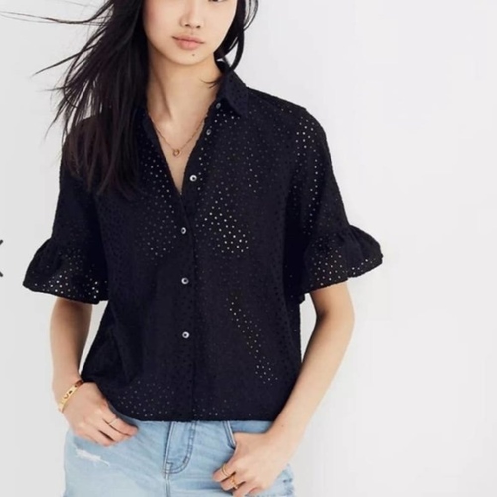 Madewell Eyelet Village Ruffle Sleeve Shirt Top Blouse Black - Picture 1 of 6